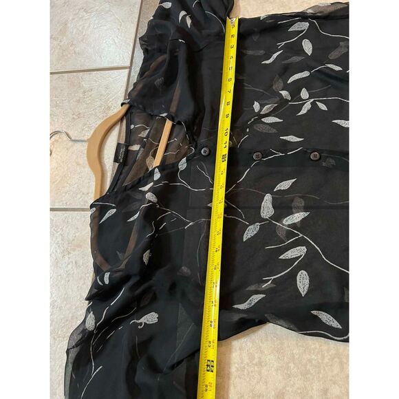 2X Black and White Leaf Vine Shift Dress Sheer Chiffon Button Up Flowy Boho - Picture 8 of 10